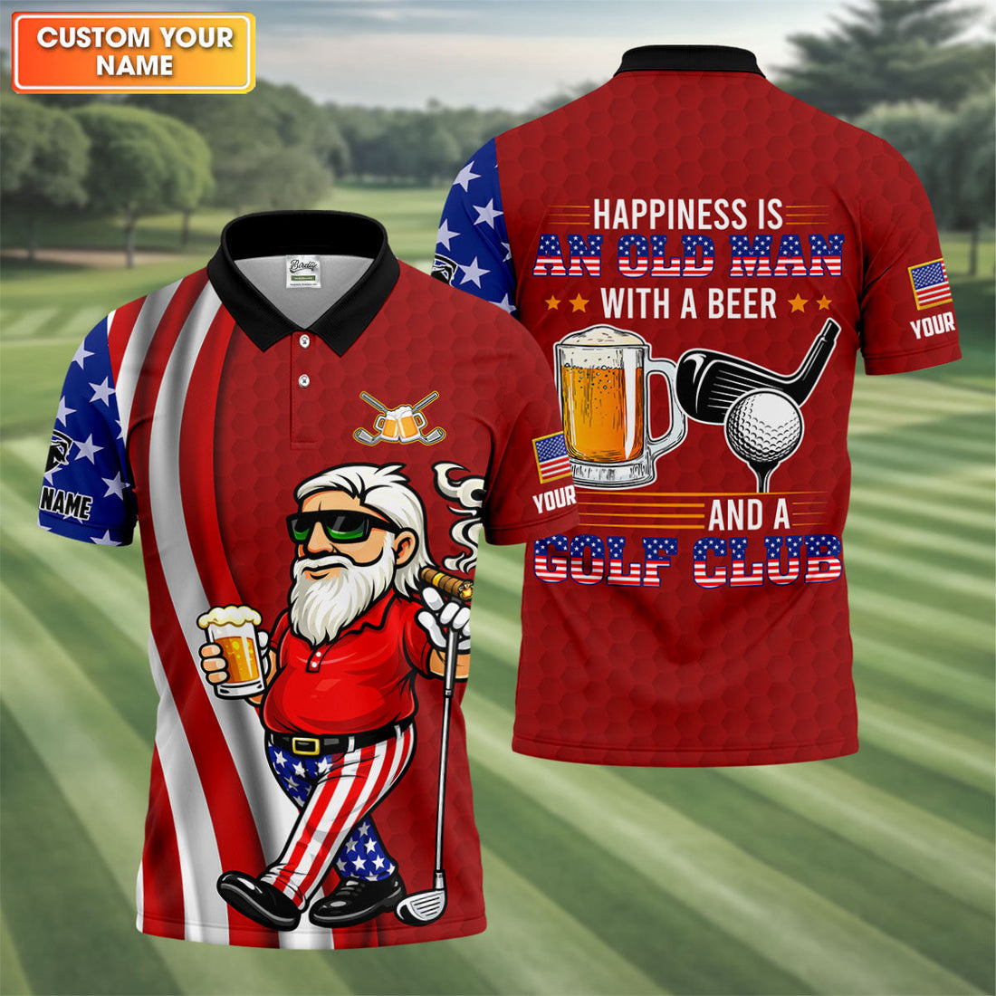 Happiness Is An Old Man With A Beer Funny 4th Of July Red Golf Shirt, 250th Anniversary Golf Shirts For Men