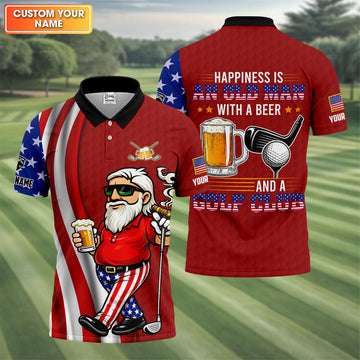 Happiness Is An Old Man With A Beer Funny 4th Of July Red Golf Shirt, 250th Anniversary Golf Shirts For Men