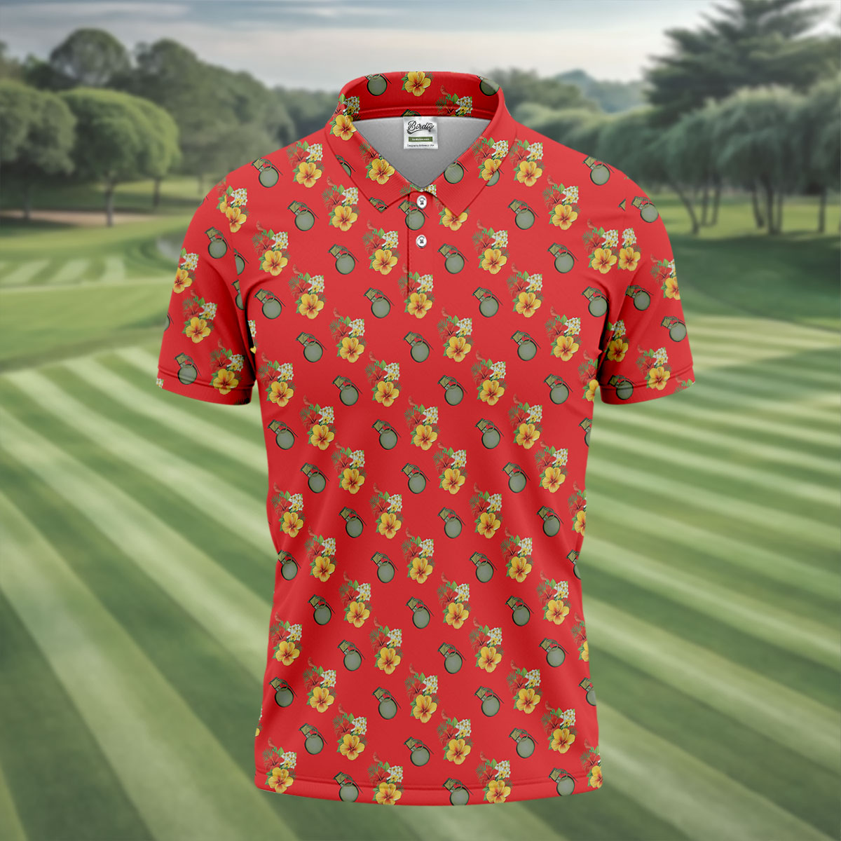 Hibiscus Flowers Green Grenades Seamless Pattern Red Golf Shirt, Golf Tops For Men, Golf Shirts For Men
