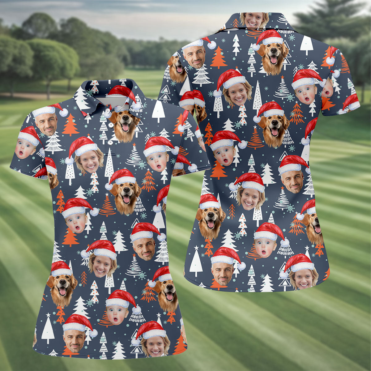 Custom Face White And Orange Xmas Pine Tree Christmas Golf Shirt, Ladies Golf Tops, Golf Gifts For Women