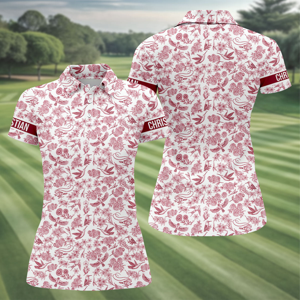 Custom Name Toile de Jouy Birds And Flowers White And Red Women Golf Top, Ladies Golf Polos