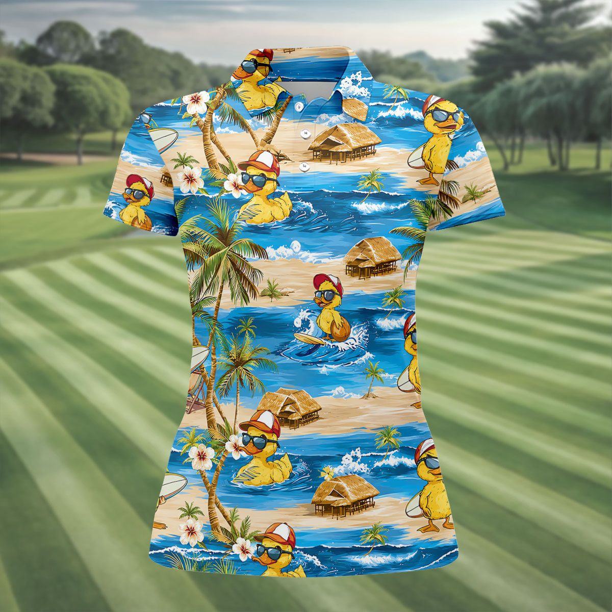 Funny Duck Hawaiian Golf Shirt, Summer Ocean Women's Golf Tops, Ladies Golf Shirts