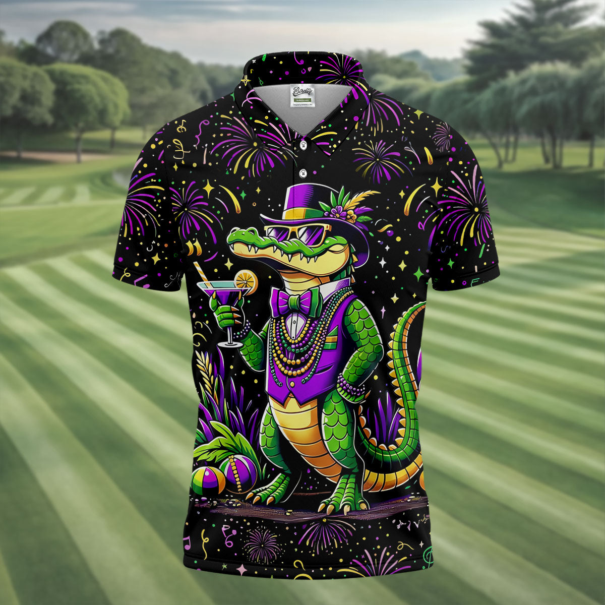 Mardi Gras Aligator Purple Green Gold Confetti Star Golf Tops For Men, Polo ShirtFor Men, Golf Shirts For Men