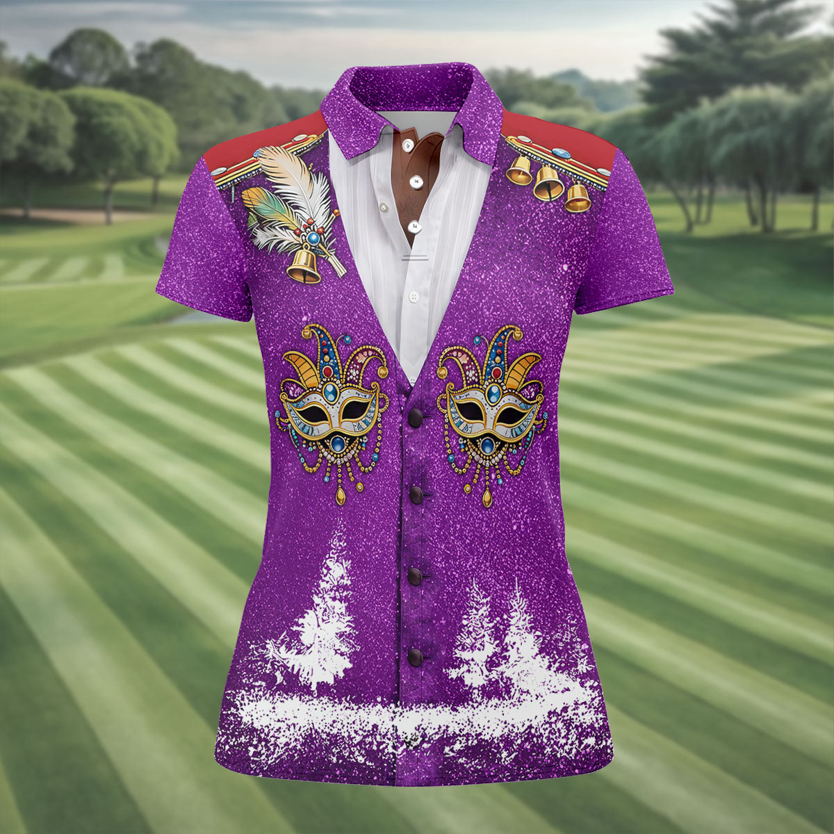 Masquerade Mask Feather Mardi Gras Glitter Print Purple Golf Shirt, Women's Golf Tops, Ladies Golf Shirts