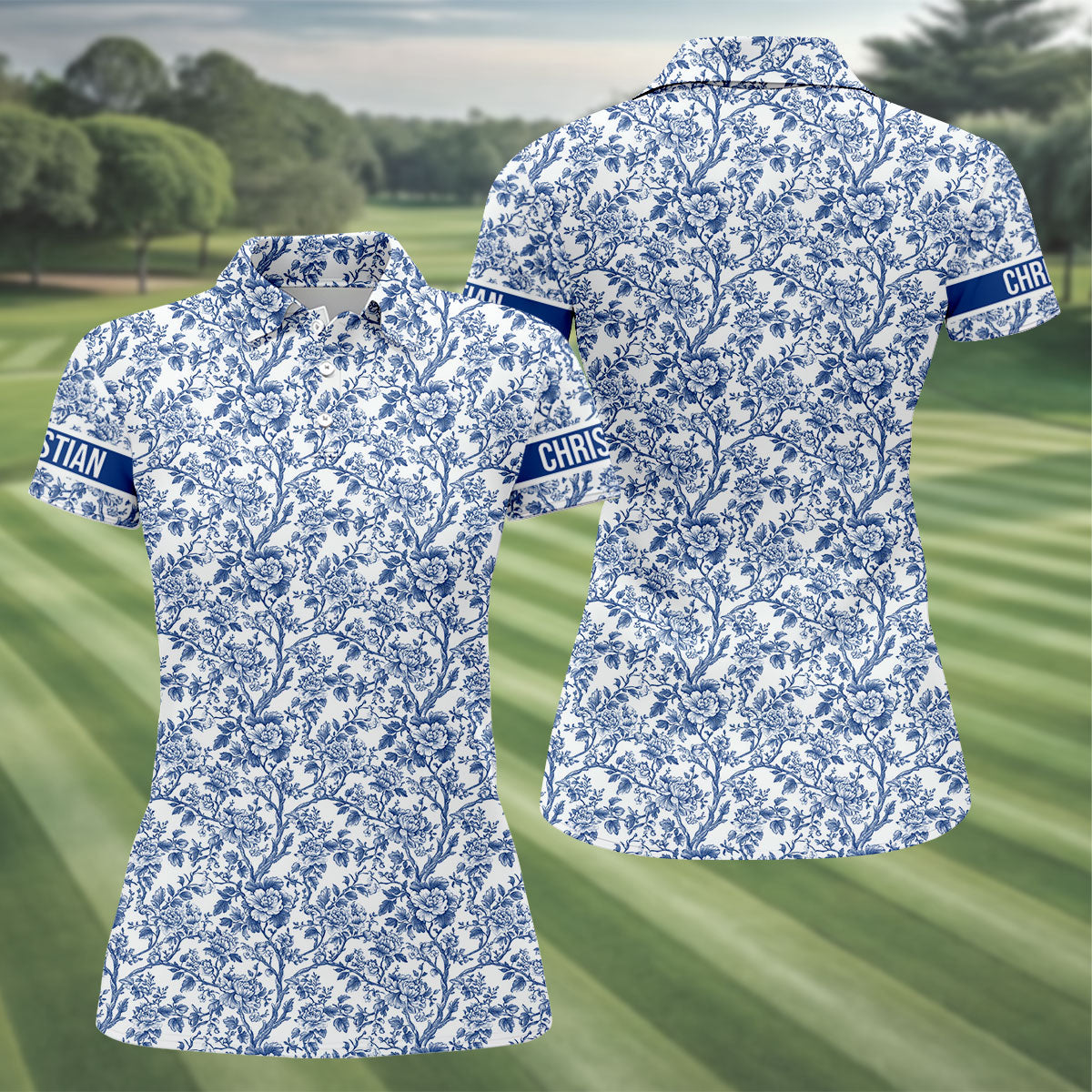 Toile De Jouy Blue Golf Shirt, Women's Golf Tops, Ladies Golf Shirts, Golf Gift For Ladies, Golf Shirt For Women