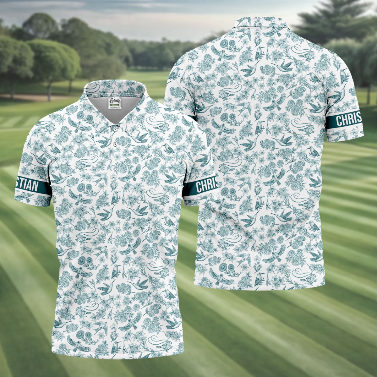 Custom Name Toile de Jouy Birds And Flowers Teal And White Polo ShirtFor Men, Golf Gift For Men