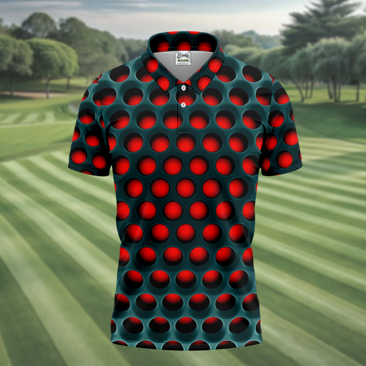 3D Effect Circular Pattern Red Golf Shirt, Cool Golf Outfit, Men's Funny Golf Shirts, Polo ShirtFor Men