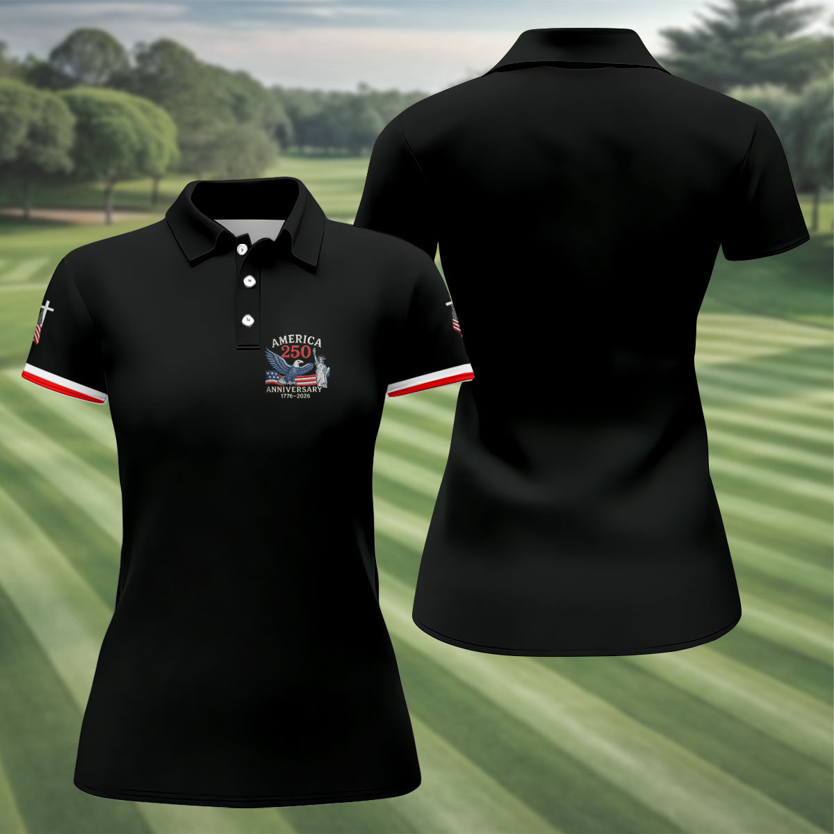 America 250 Anniversary 1776-2026 Faith Cross Bald Eagle Logo Golf Shirt For Women, Patriotic 4th Of July Golf Shirt