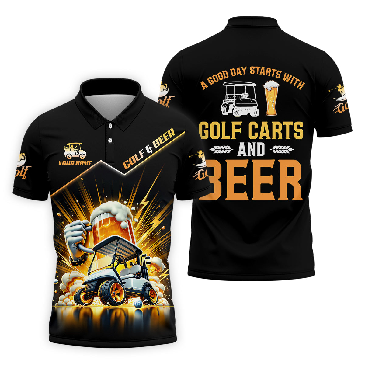 A Good Day Starts With Golf Carts And Beer Custom Men's Golf Polo ShirtDad Golf Gift
