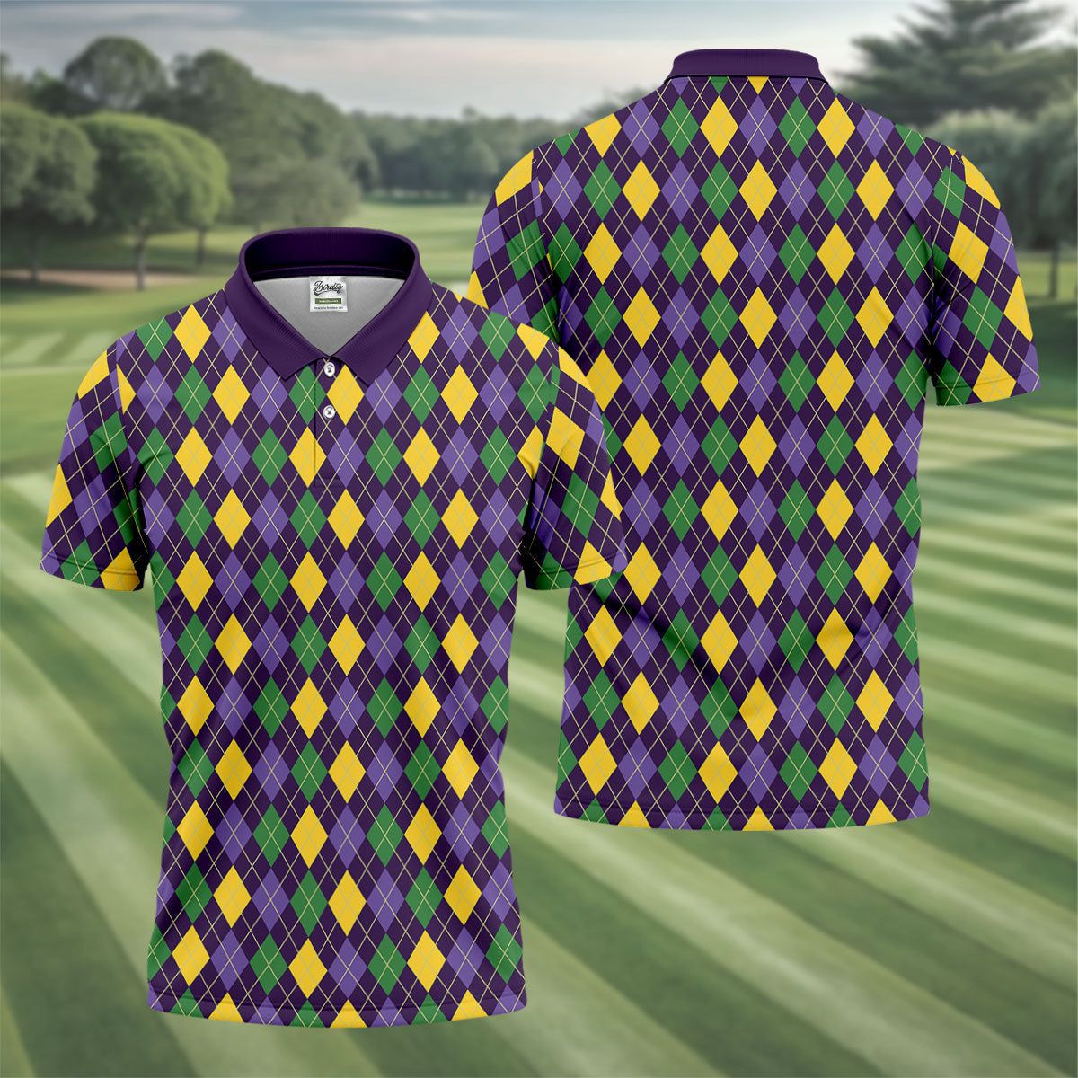 Green Purple Gold Argyle Pattern Mardi Gras Golf Shirt, Polo Shirt Men, Golf Shirts For Men