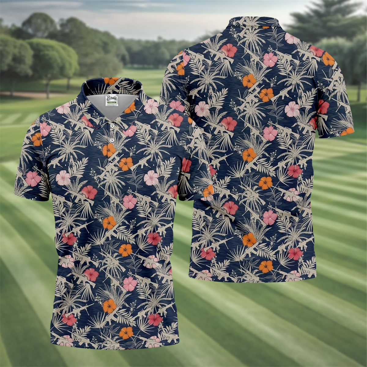 Hawaiian Hibicus Military Theme Navy Golf Shirt, Golf Shirts For Men, Polo ShirtFor Men