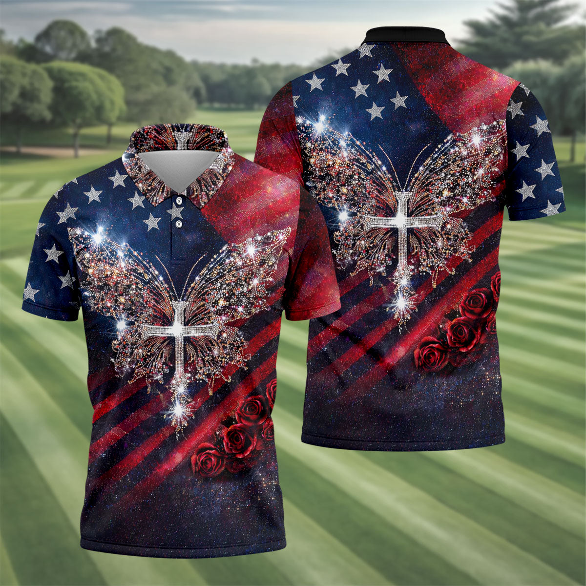 Faith Cross Shimmering Butterfly 250th Anniversary Golf Tops For Men, Patriotic 4th Of July Golf Shirts For Men