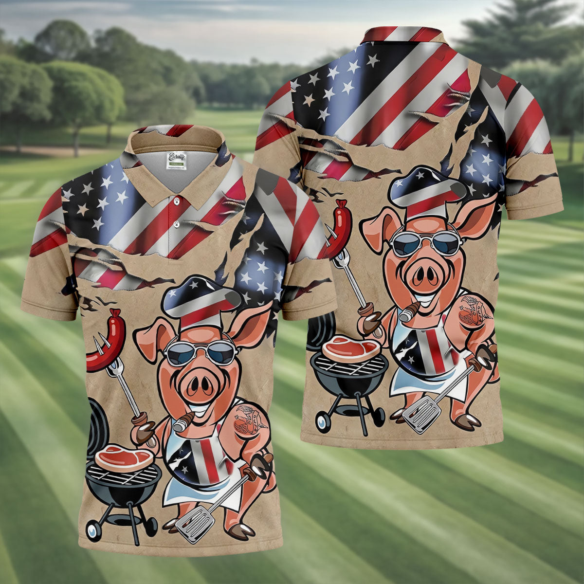 Patriotic American Flag Funny BBQ 250th Anniversary Dark Beige Polo ShirtFor Men, Golf Shirts For Men