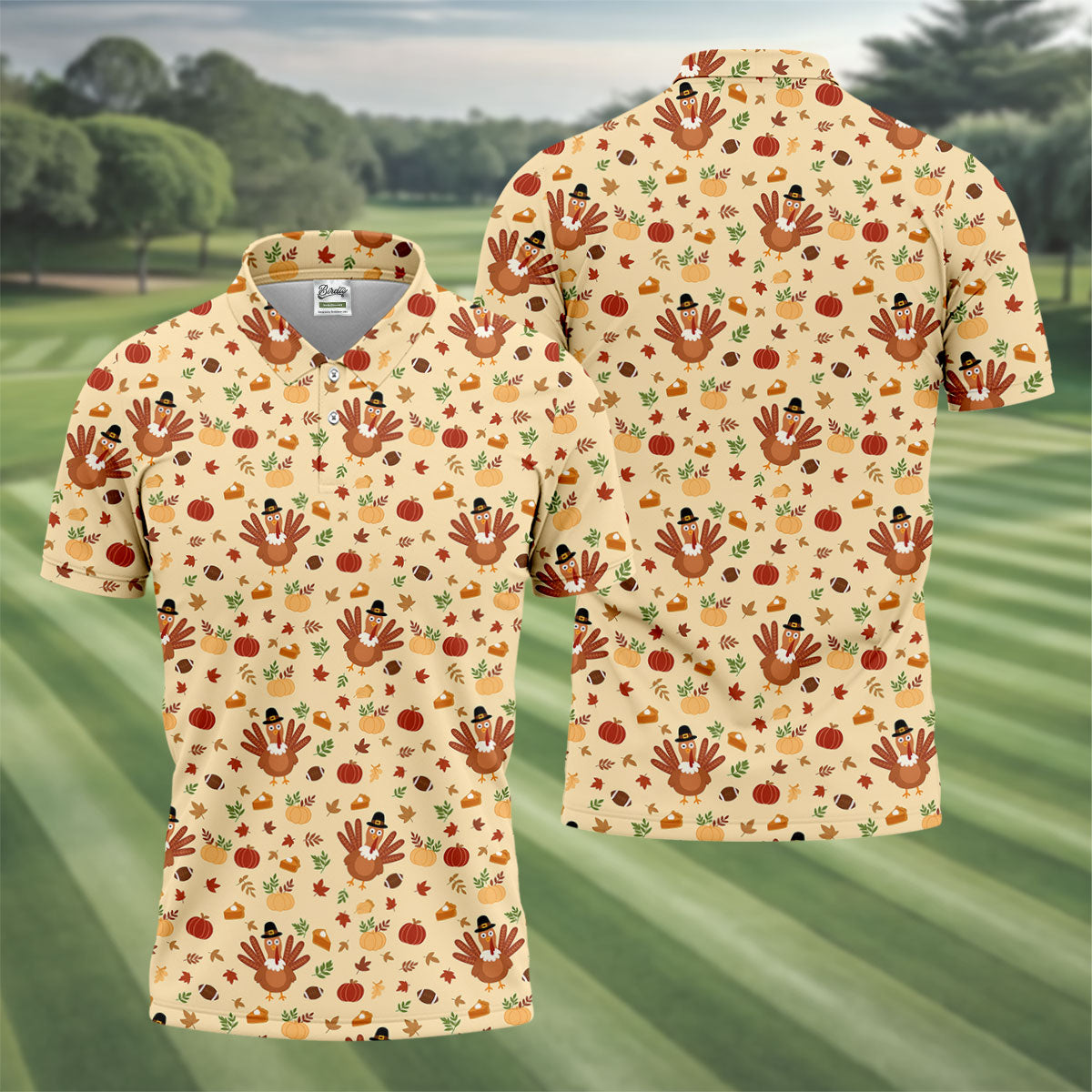 Turkey Pumpkin Thanksgiving Golf Tops For Men, Yellow Golf Shirt, Fun Golf Shirts For Men, Polo For Men