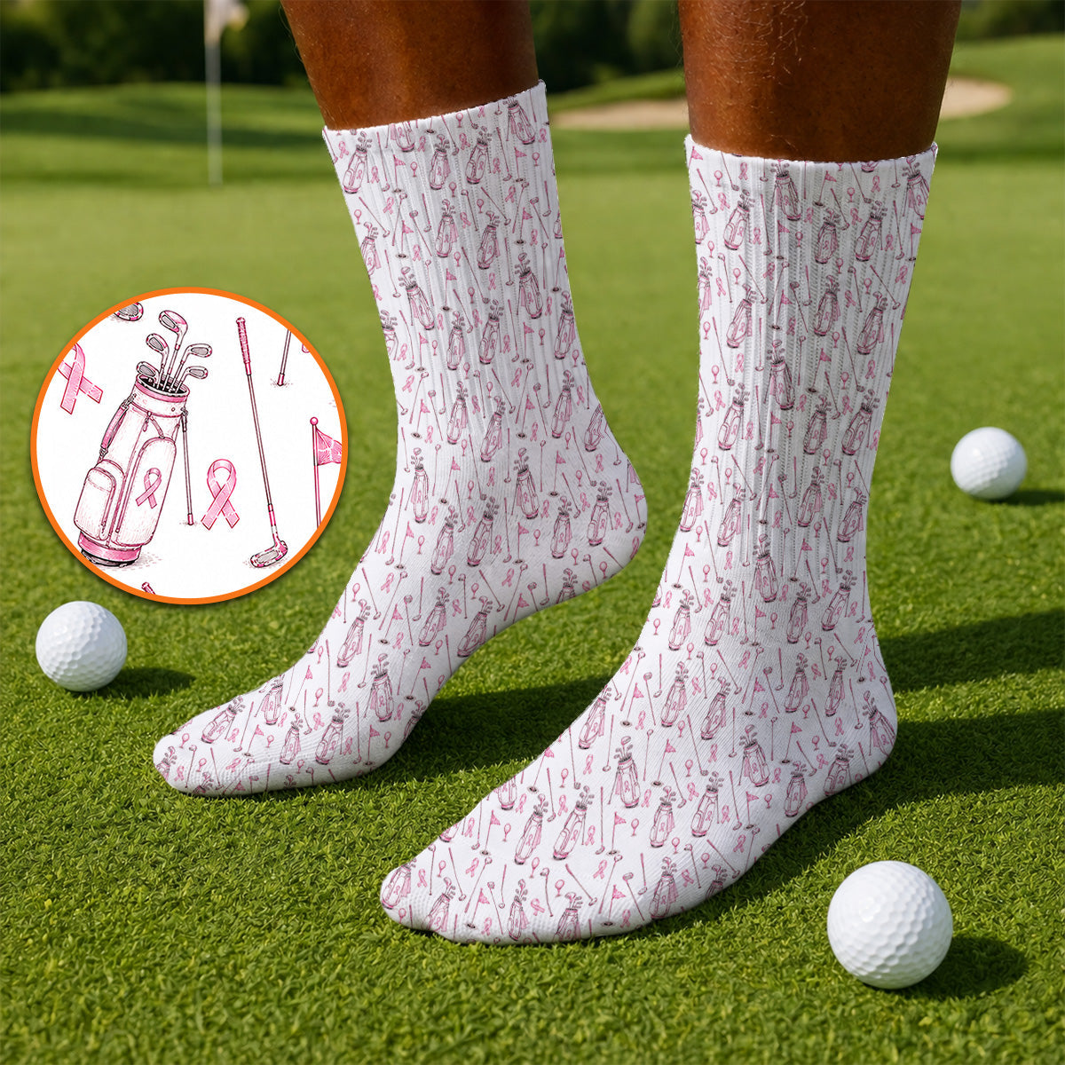 Breast Cancer Pattern Golf Sock, Pink Ribbon Golf Socks for Golf Lovers, Support Breast Cancer Awareness Gift