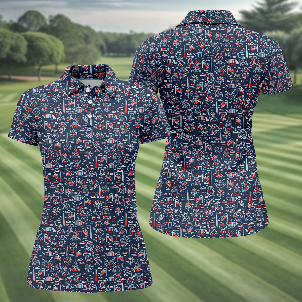 Red White Blue Outlined Patriotic American 250th Anniversary Navy Golf Shirt, 4th Of July Golf Shirt For Women