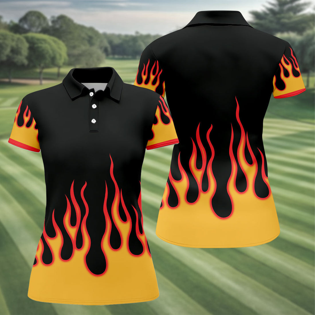 Retro Flame Fire Pattern Golf Shirt, Women's Golf Shirt, Hawaiian Golf Shirt
