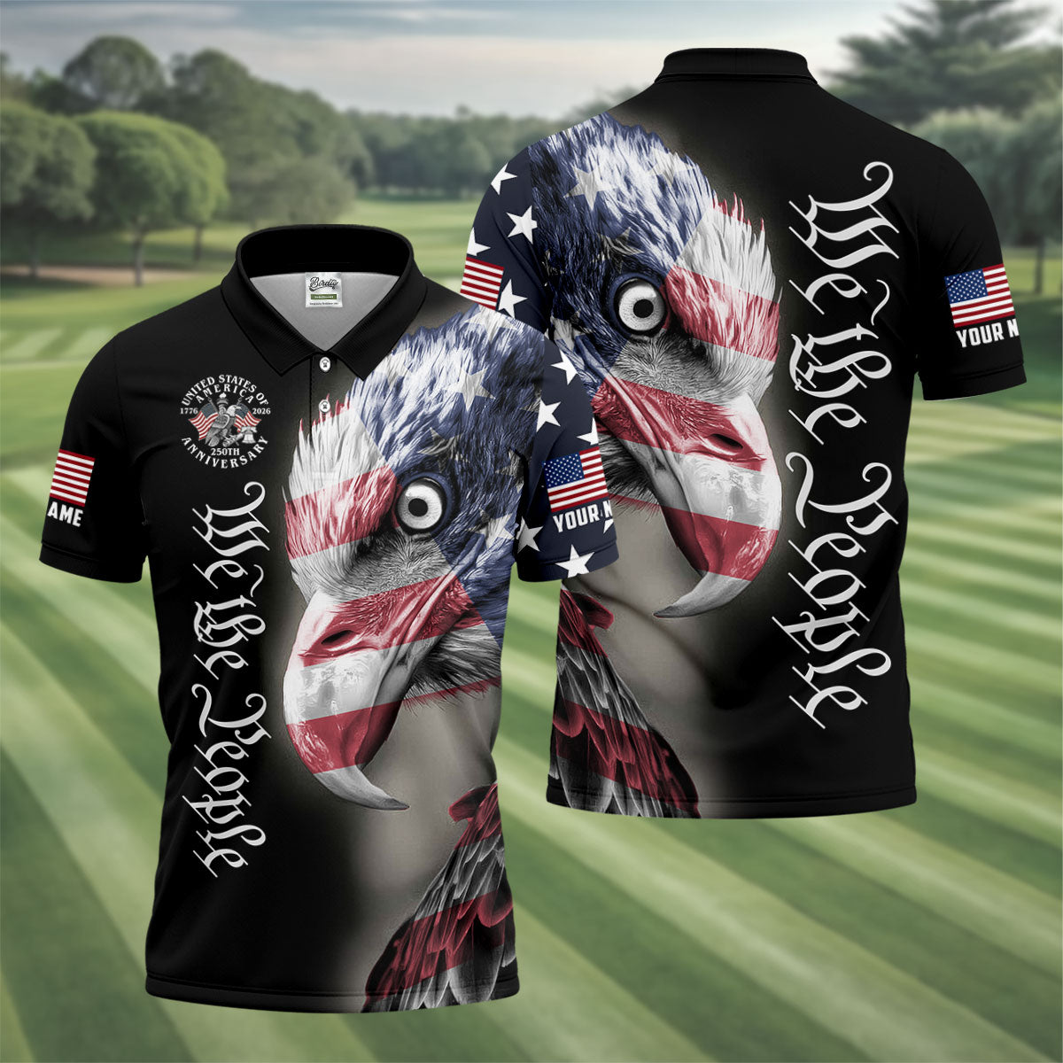 We The People Patriotic Bald Eagle 250 Years American Flag Golf Shirt, 250 Years 4th Of July Golf Shirts For Men