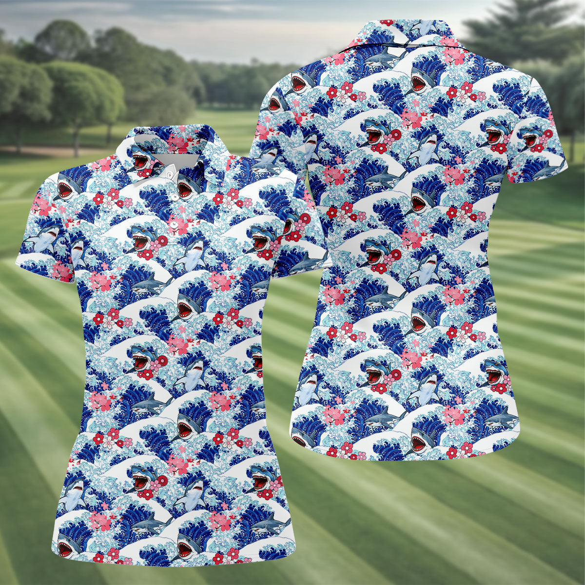 Japanese Shark Wave Sakura Golf Shirt, Women's Golf Tops, Golf Shirts For Women, Women’s Golf Apparel