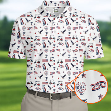 250 Years Golf Pattern Patriotic Golf Shirt, Golf Tops For Men, 4th Of July Golf Shirts For Men