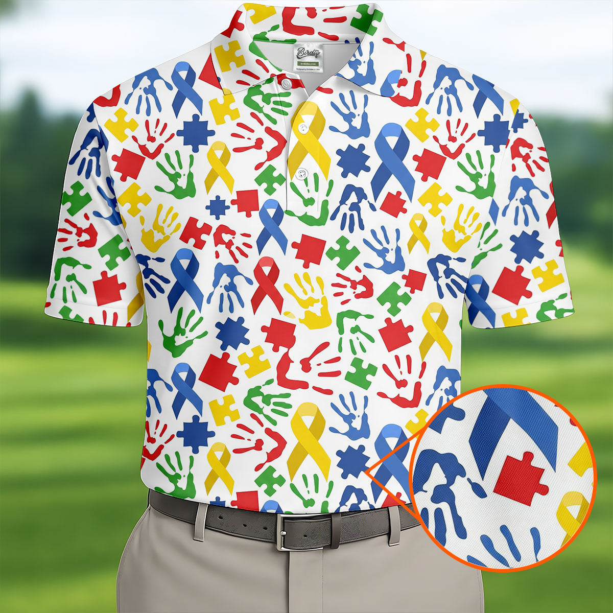 Autism Ribbon Colorful Puzzle Pieces Handprints Golf Tops For Men, Polo ShirtFor Men, Golf Shirts For Men
