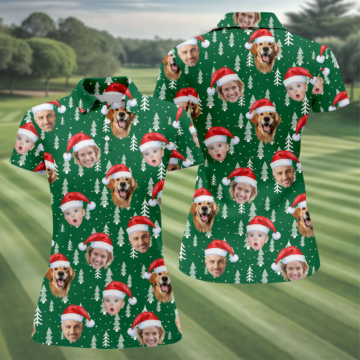 Custom Face Snow Pine Tree Green Golf Shirt, Christmas Golf Shirt, Women's Golf Tops, Golf Gift For Ladies