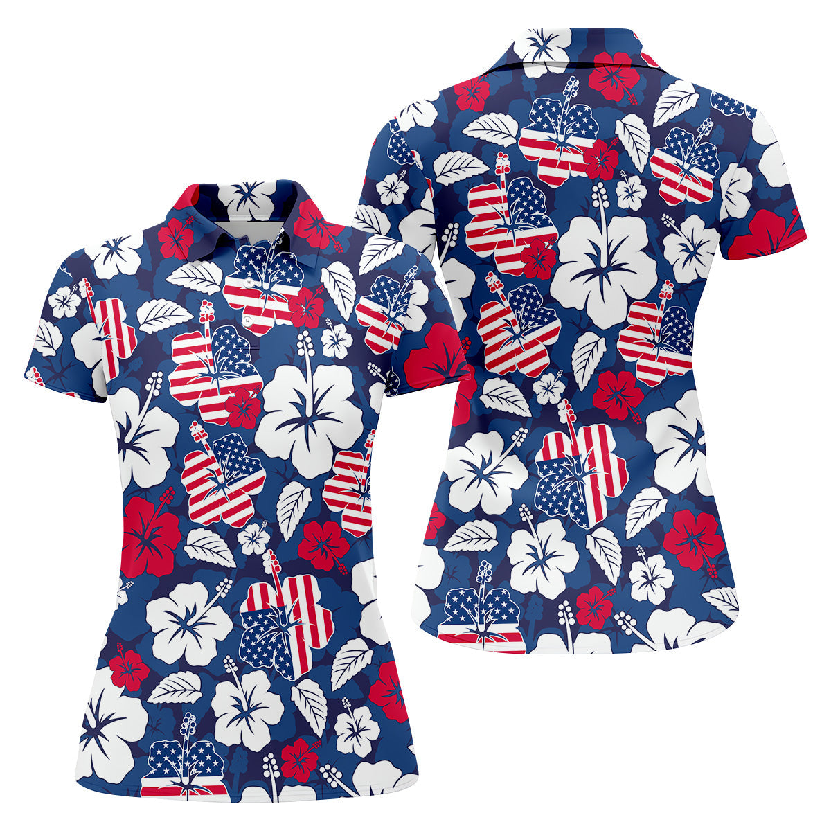 Tropical Hibiscus American Flag Womens Golf Polo Shirt Patriotic Golf Shirt, USA Golf Shirt Custom Ladies Golf Shirt