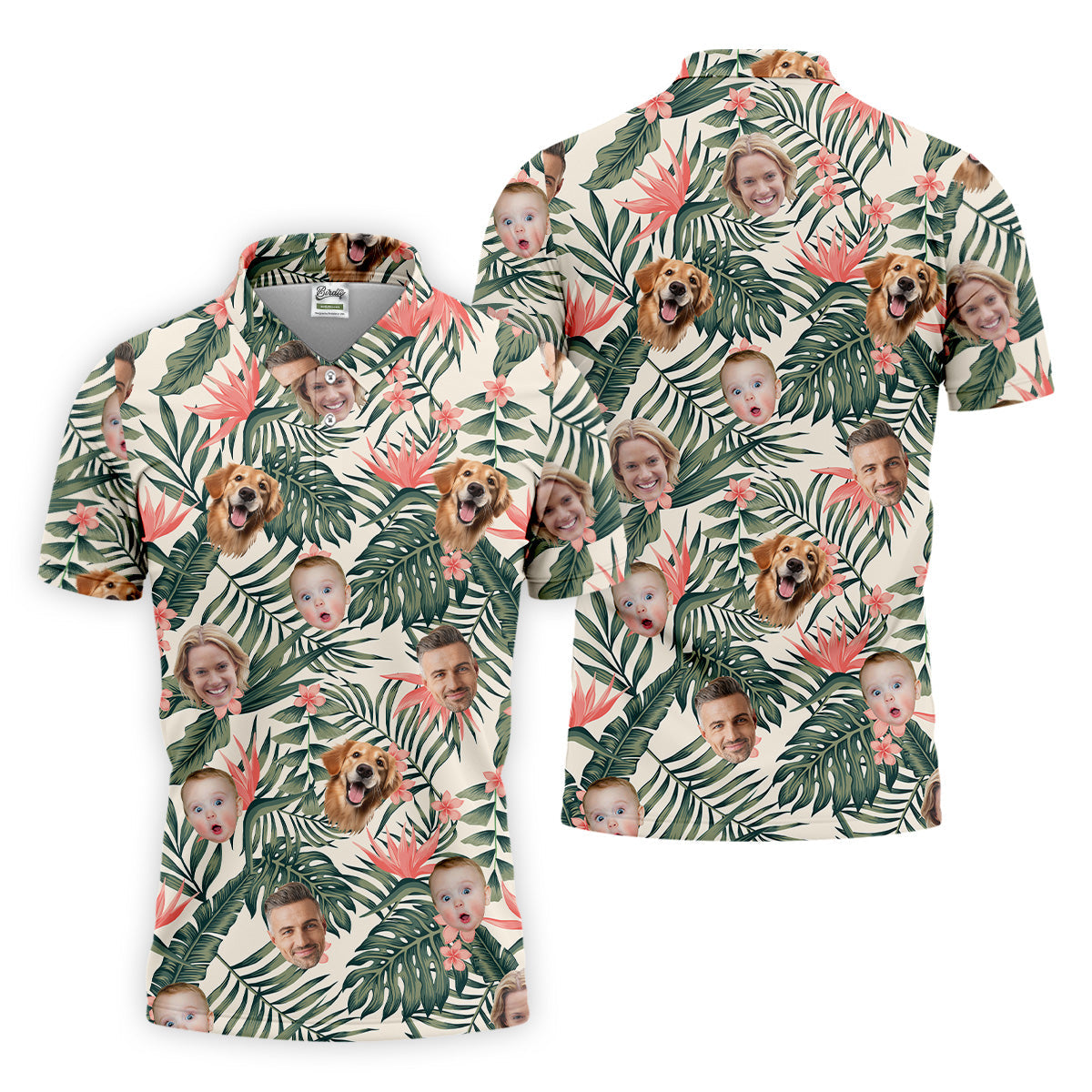 Tropical Floral Pattern Custom Hawaiian Shirts With Face, Men Polo ShirtLong Sleeve Golf Shirts