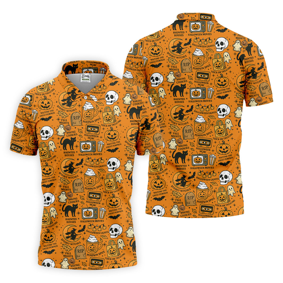 Orange Halloween Cat Golf Polo Shirt Halloween Theme Shirts, Mens Golf Polo Shirt Golfing Apparel