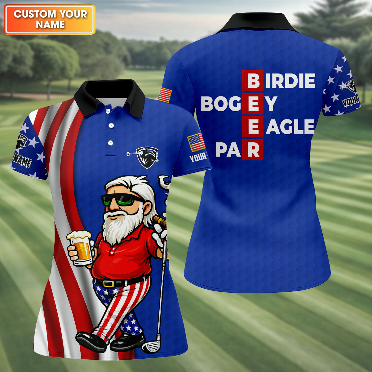 Patriotic Man Golf And Beer Funny 4th Of July Navy Golf Shirt, 250 Years Of America Women's Golf Tops