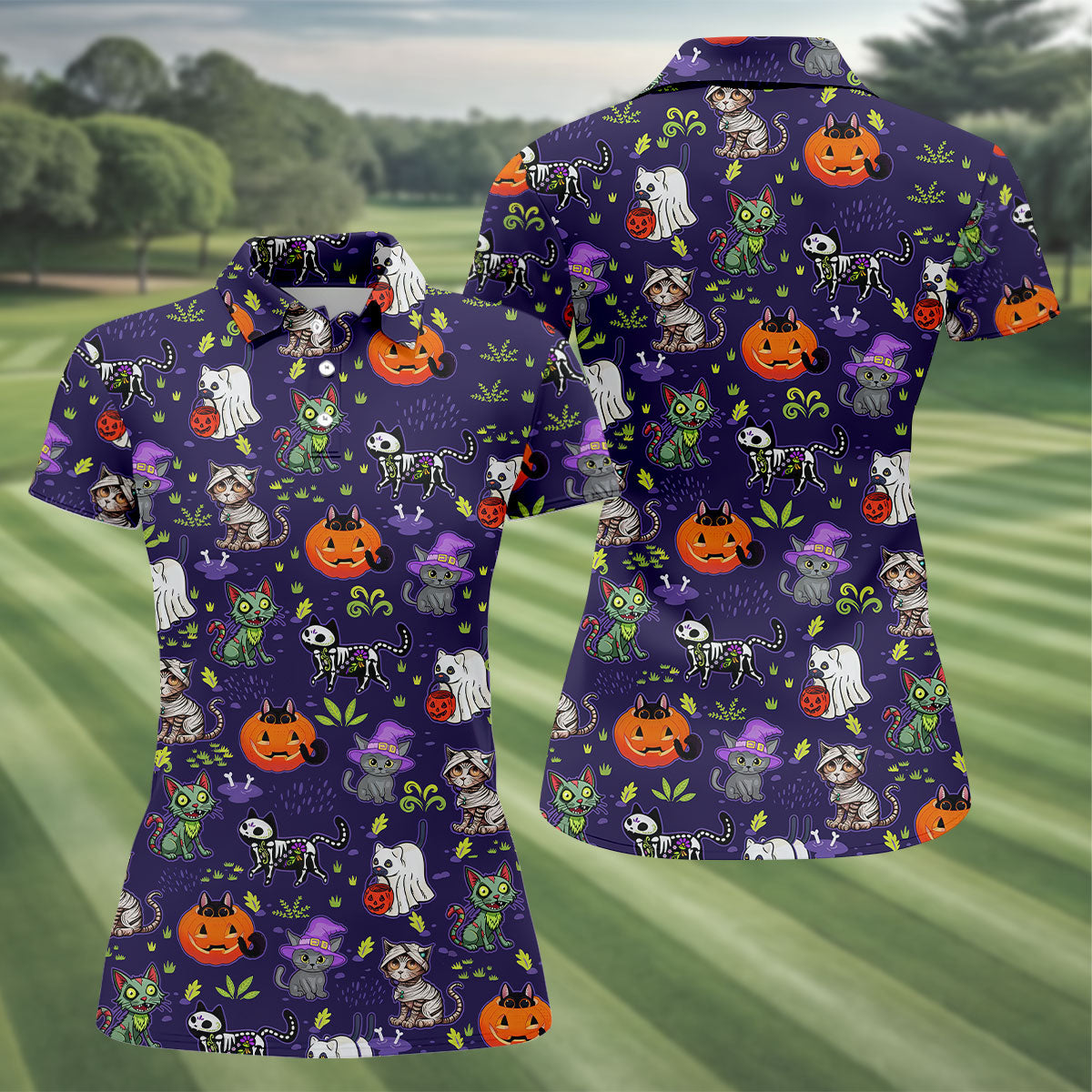Purple Halloween Cats And Pumpkin Fun Women's Golf Shirts, Cute Golf Outfit, Ladies Golf Shirts