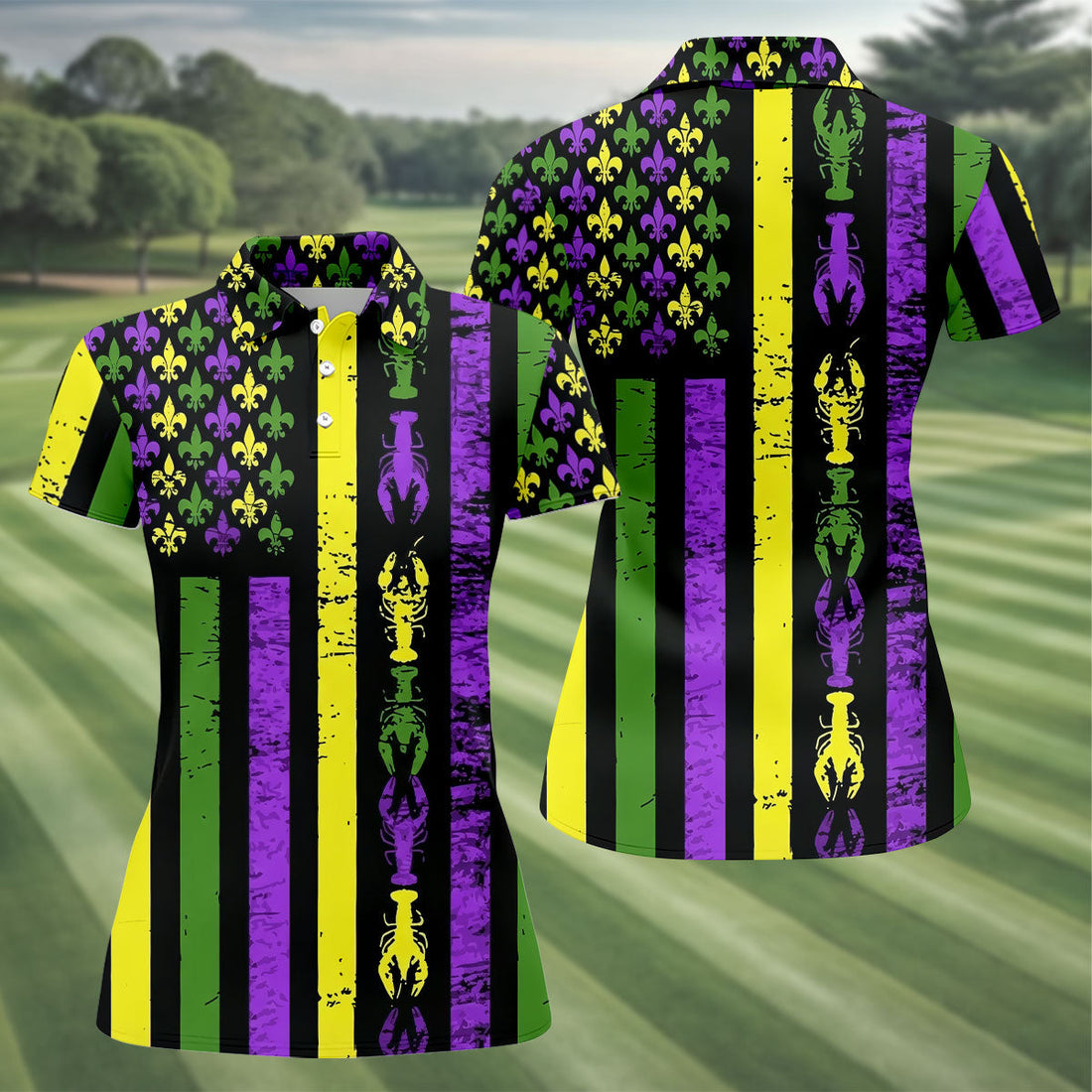 Mardi Gras Flag Fleur-De-Lis Symbol Crawfish Pattern Women's Golf Tops, Women's Golf Shirts, Ladies Golf Polos