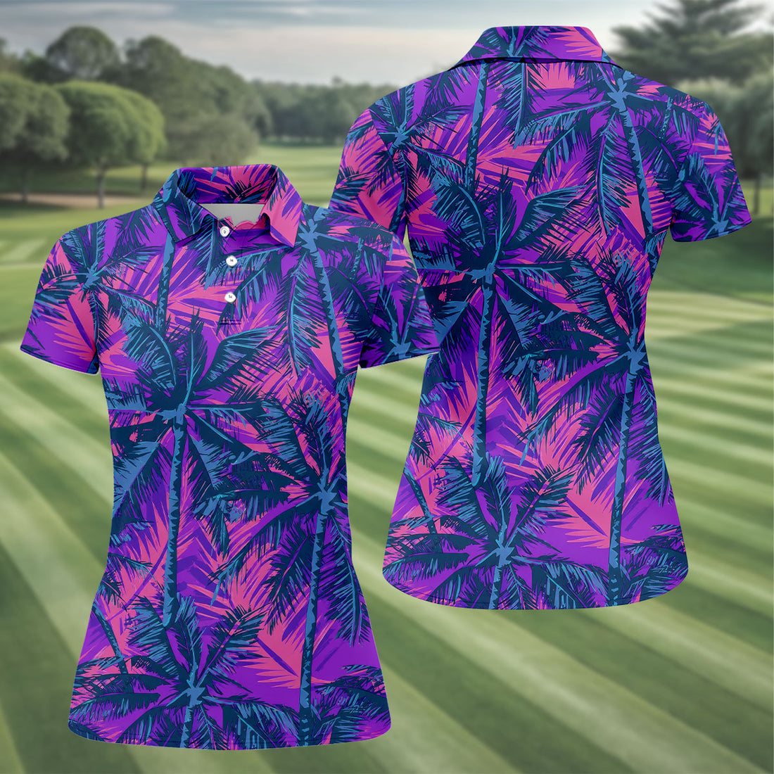 Purple Pink Tropical Palm Trees Golf Shirt, Golf Polo For Women, Printed Golf Shirt