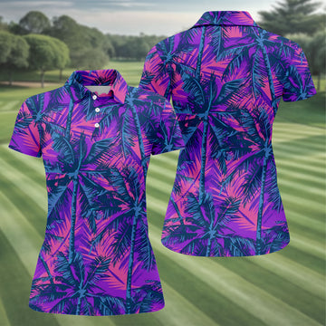 Purple Pink Tropical Palm Trees Golf Shirt, Golf Polo For Women, Printed Golf Shirt