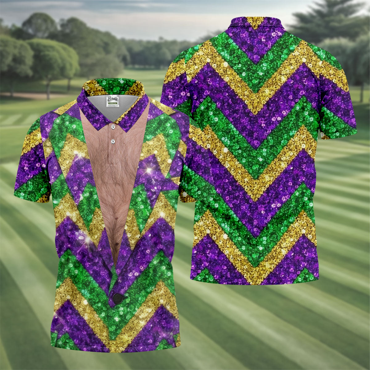 Mardi Gras Purple Green Gold Printed Sequin Zigzag Pattern Golf Shirts For Men, Men's Funny Golf Shirts