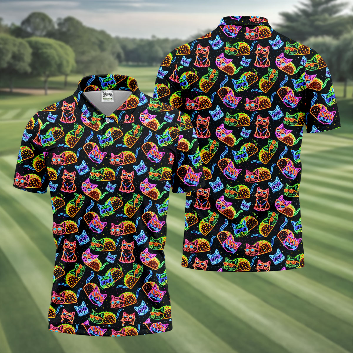 Neon Cats Tropical Vibe Golf Tops For Men, Cute Golf Outfit, Golf Shirts For Men, Polo ShirtFor Men