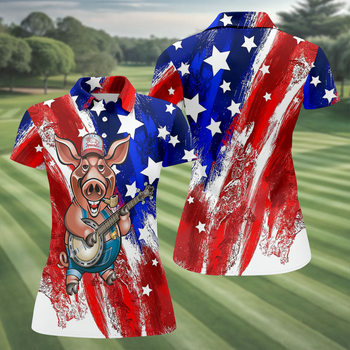 Patriotic American Flag Brush Strokes Funny BBQ 250th Anniversary Women's Polo Shirt, Ladies Golf Shirts