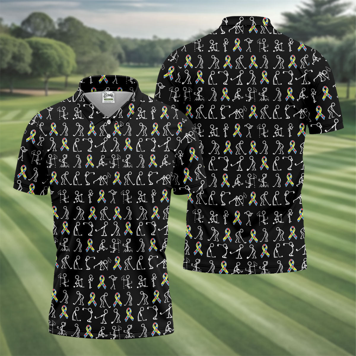 Stick Figure Golf Pose Autism Ribbon Black Golf Shirt, Autism Awareness Colors Golf Shirts For Men