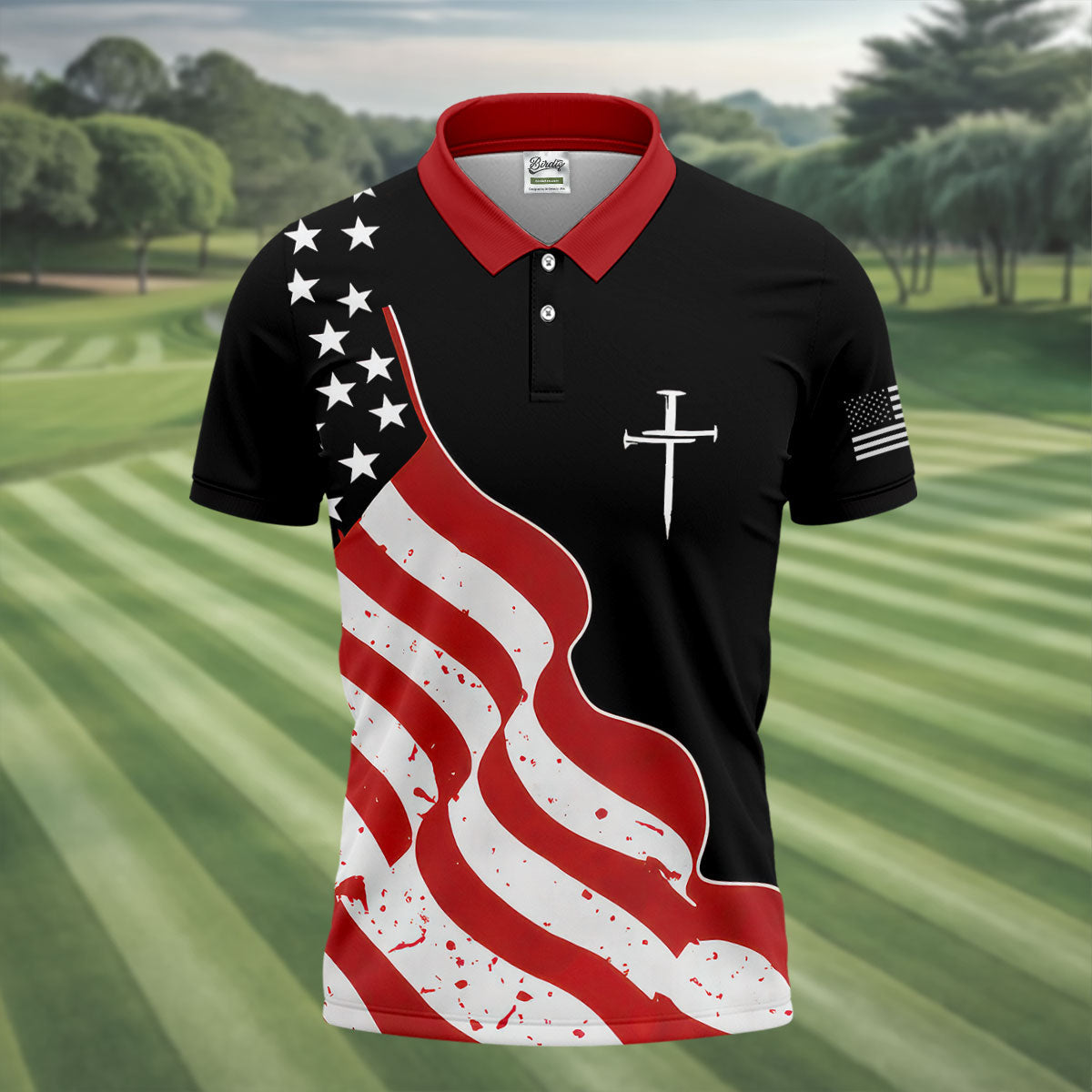 Faith Cross America 250th Anniversary 4th Of July Shirt, Patriotic Black Golf Shirts For Men
