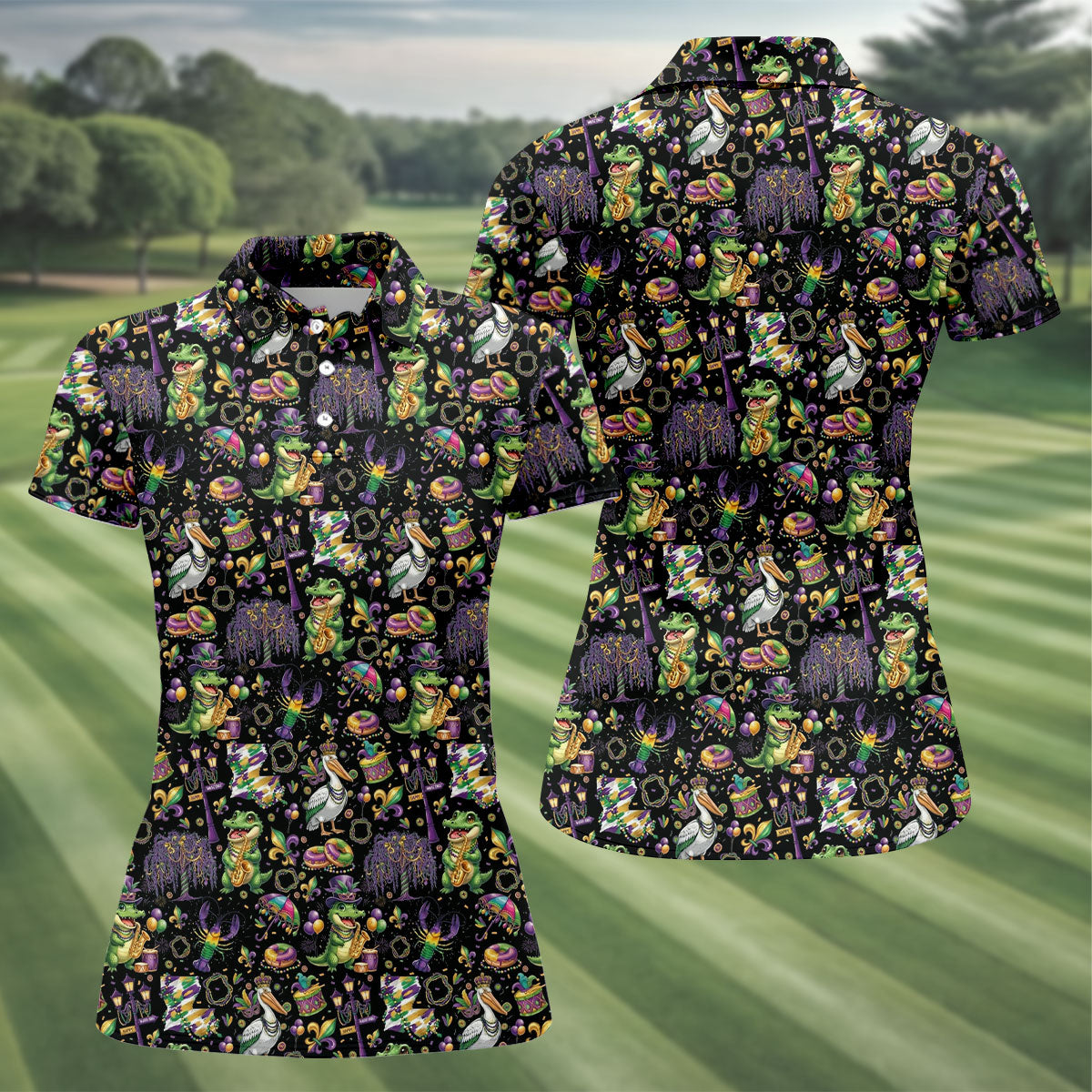 Mardi Gras Fleur De Lis Animal Band Black Golf Shirt, Women's Golf Shirts, Ladies Golf Polos