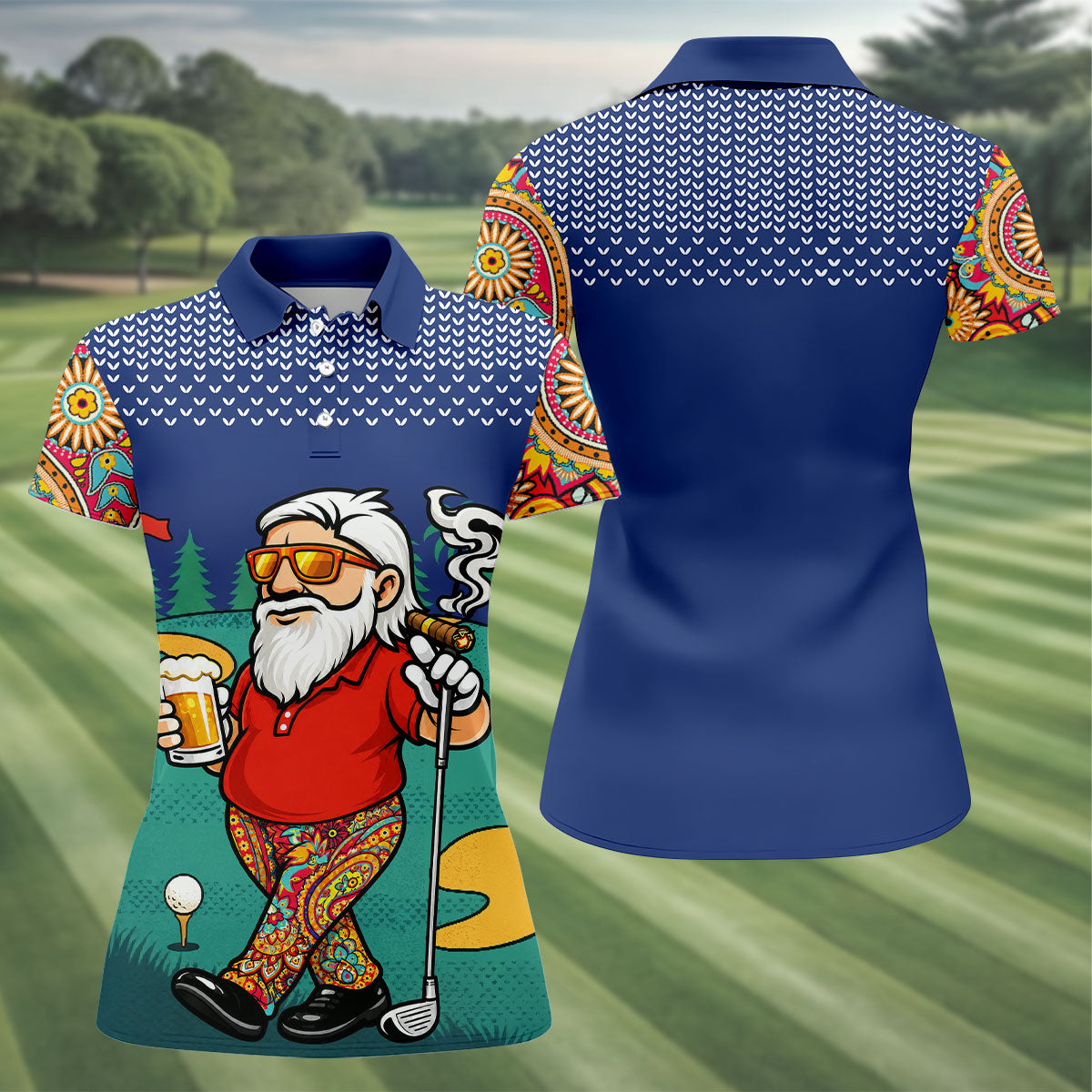 Women's Funny Golf Santa Beer And Cigar Polo Shirt, Hawaiian Golf Shirt, Women’s Golf Polo, Women’s Golf Apparel