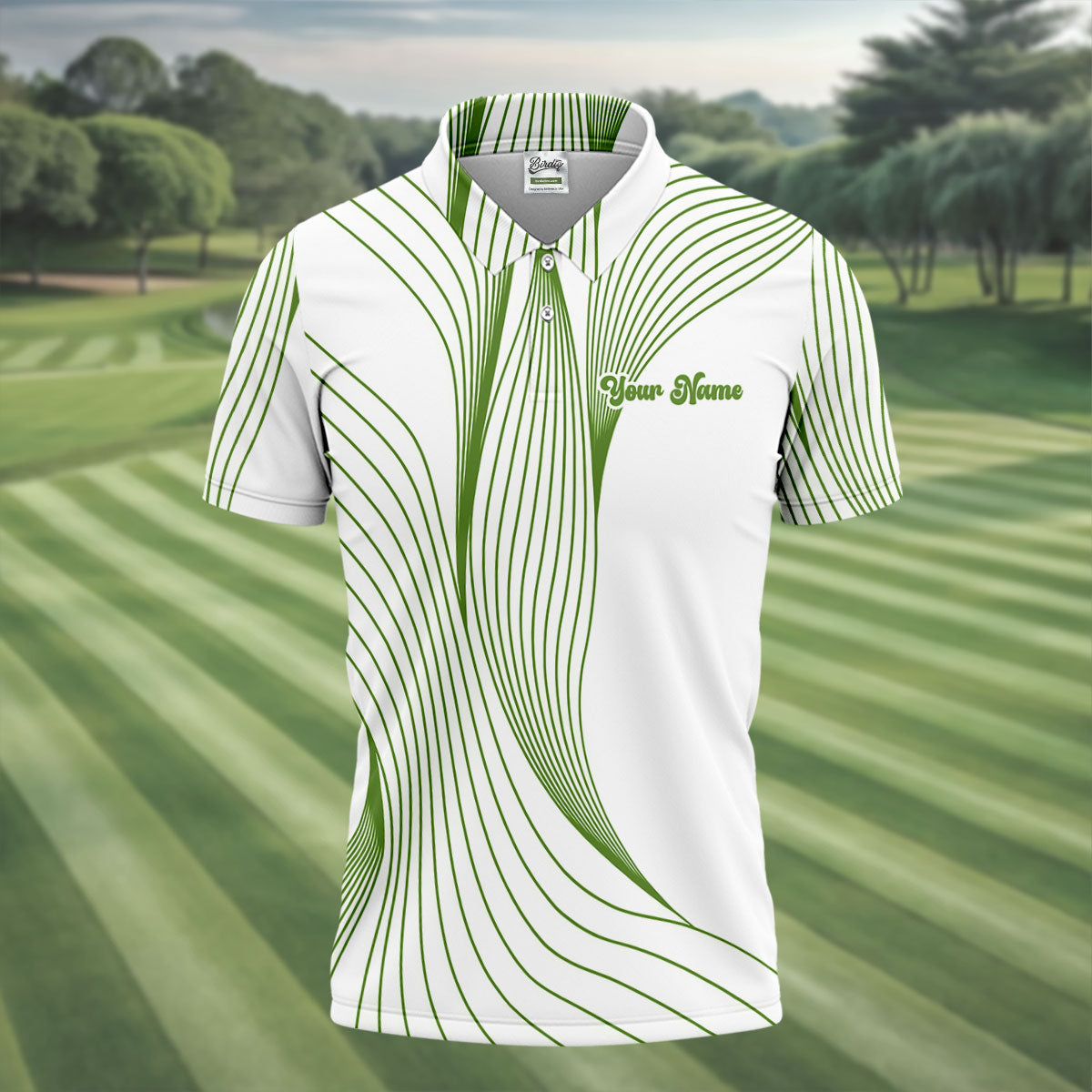 Geometric Line Wavy Line Green And White Custom Name Golf Shirts For Men, Men's Golf Shirt, Polo Shirt Men