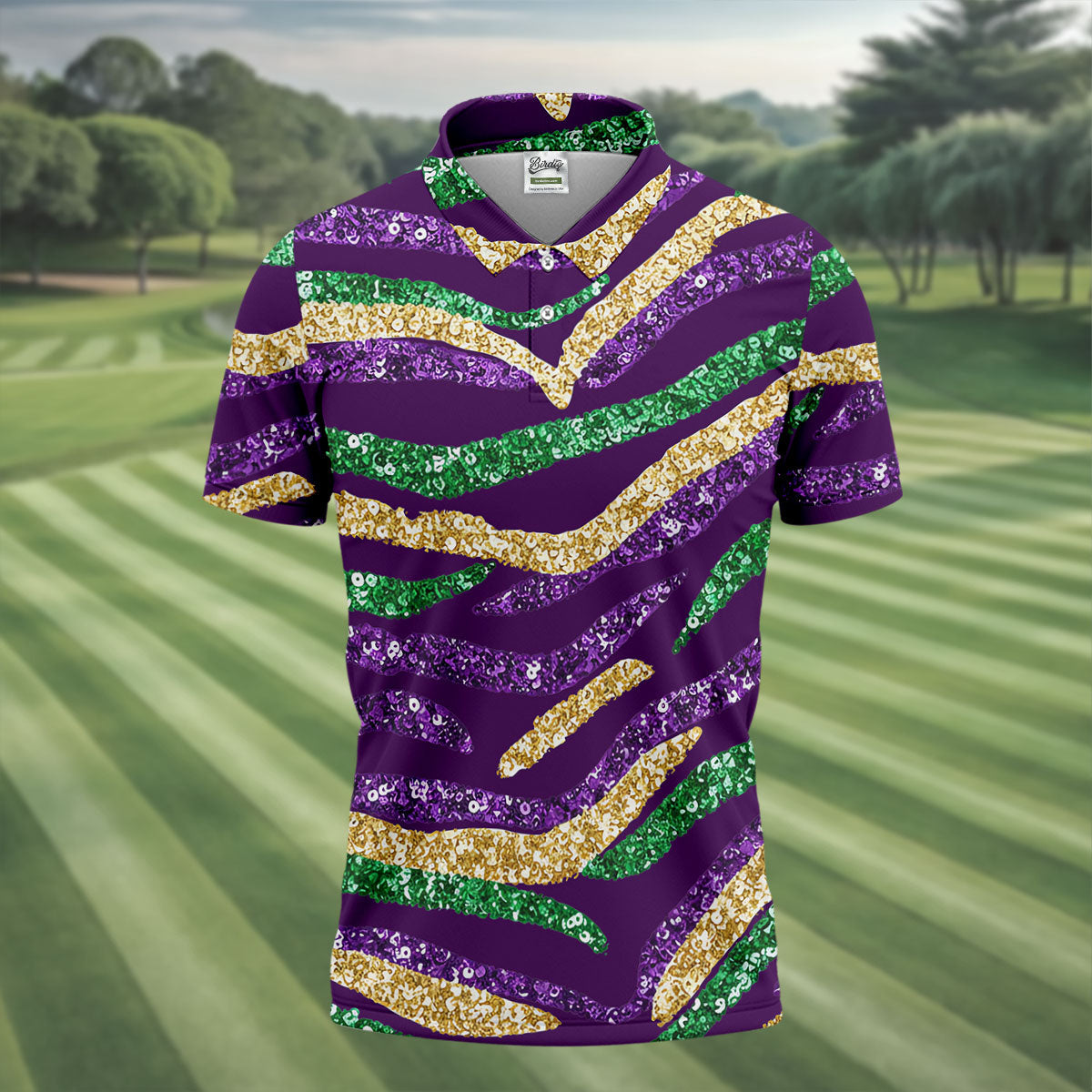 Purple Green Gold Sequin Pattern Purple Golf Shirt, Mardi Gras Golf Shirt, Polo ShirtFor Men