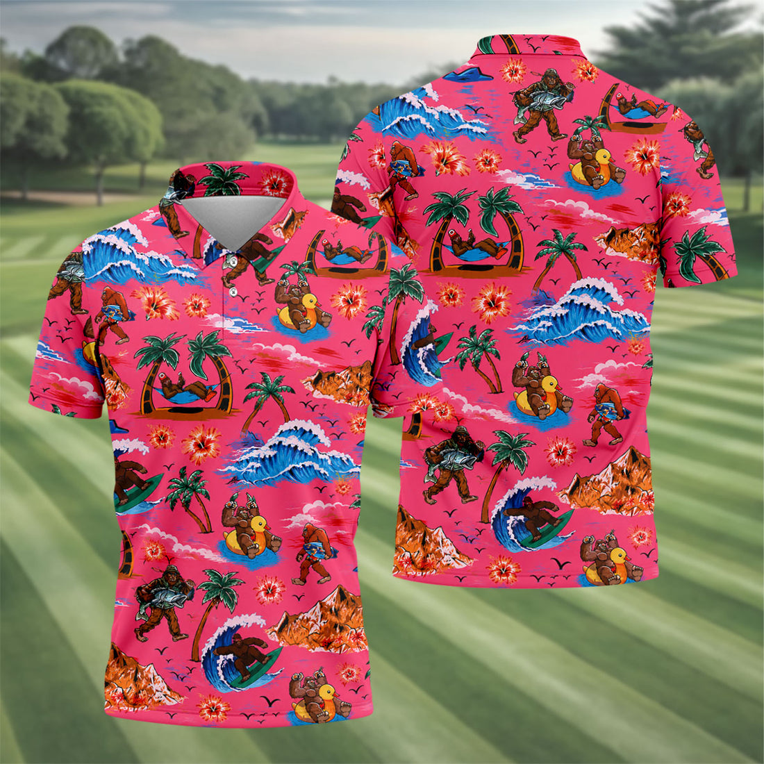 Pink Bigfoot Aloha Beach Vacation Golf Shirt, Mens Golf Polo, Printed Golf Shirts