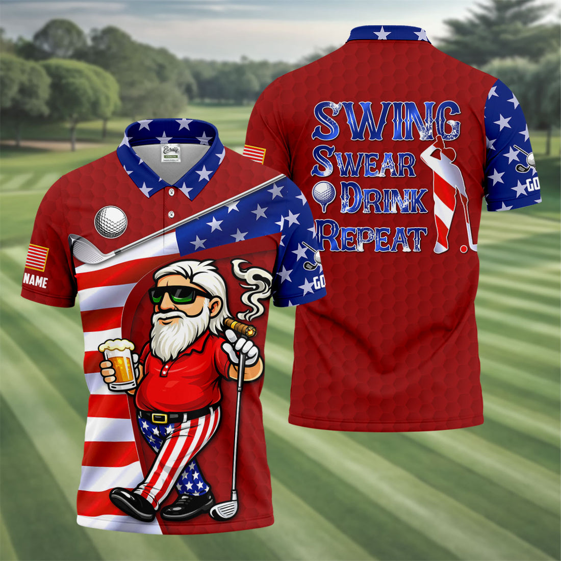 Swing Swear Drink Repeat Golf And Beer Patriotic Man 4th Of July Red Golf Shirt, 250 Years Golf Shirts For Men