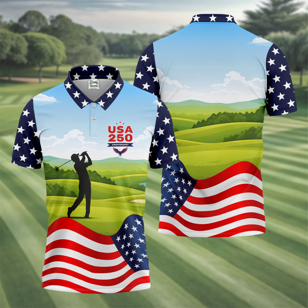 USA 250th Anniversary American Flag Golf Shirt, Patriotic 4th Of July Golf Shirts For Men