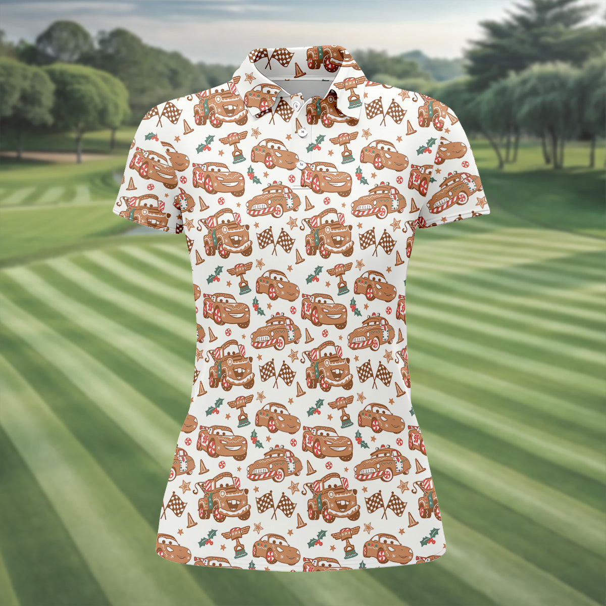 Funny Christmas Animation Car Women's Golf Shirts, Ladies Golf Tops, Golf Gifts For Women, Christmas Golf Shirt