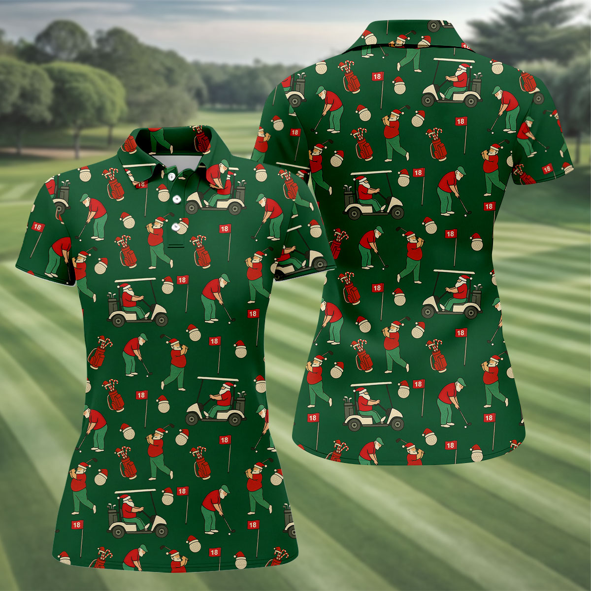 Golfing Santa Green Christmas Fun Women's Golf Shirts, Ladies Golf Shirts, Christmas Golf Shirt
