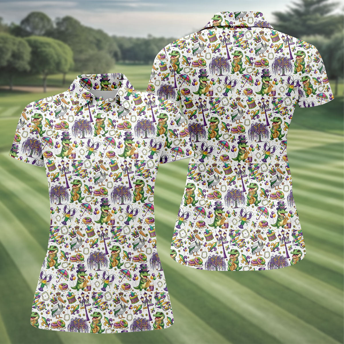 Mardi Gras Fleur De Lis Animal Band White Golf Shirt, Women's Golf Shirts, Ladies Golf Polos