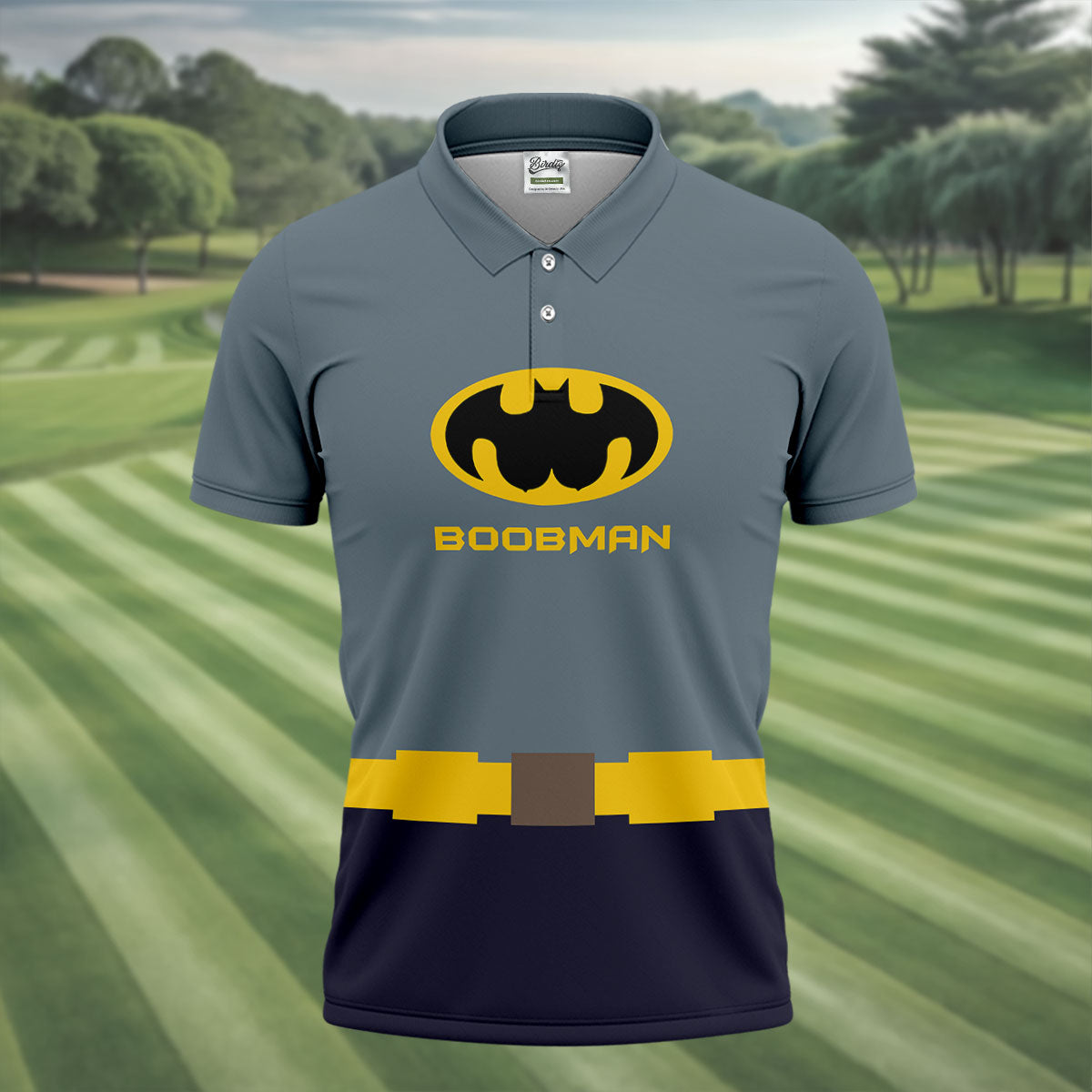 Boobman Comic Hero Logo Belt Golf Polo Shirt, Men's Polo Shirt, Funny Golf Apparel, Performance Golf Shirt